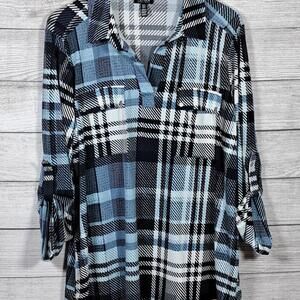 New Jones New York Slinky Blue Plaid Long Sleeve Roll Tab Blouse Top 1X